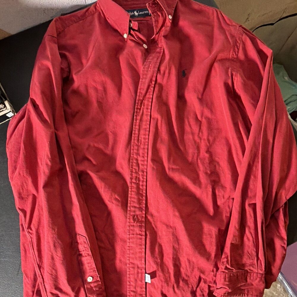 Ralph Lauren Solid Woven Cotton Button-Down Shirt Red Long Sleeve XXL Men